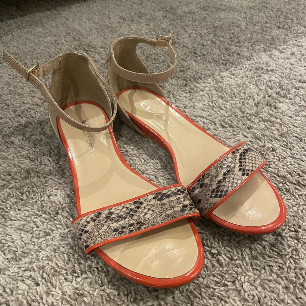 Chinese Laundry Tan and Red Snakeskin Sandals